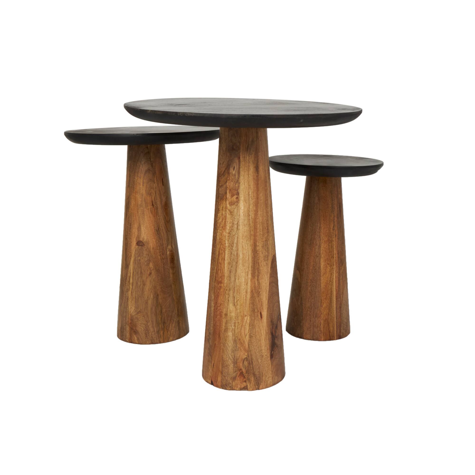 Brown Mango Wood Handmade Cone Shaped Accent Table with Black Tabletop Set